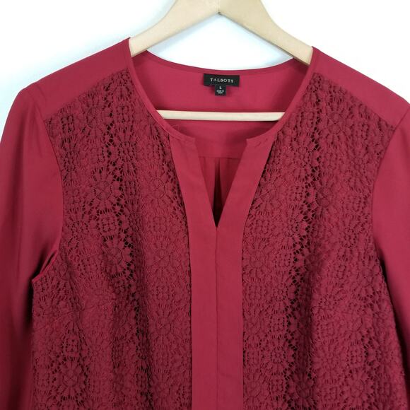 Talbots Women's Popover Burgundy Red Career Office Lace Long Sleeve Blouse Large - Picture 4 of 6
